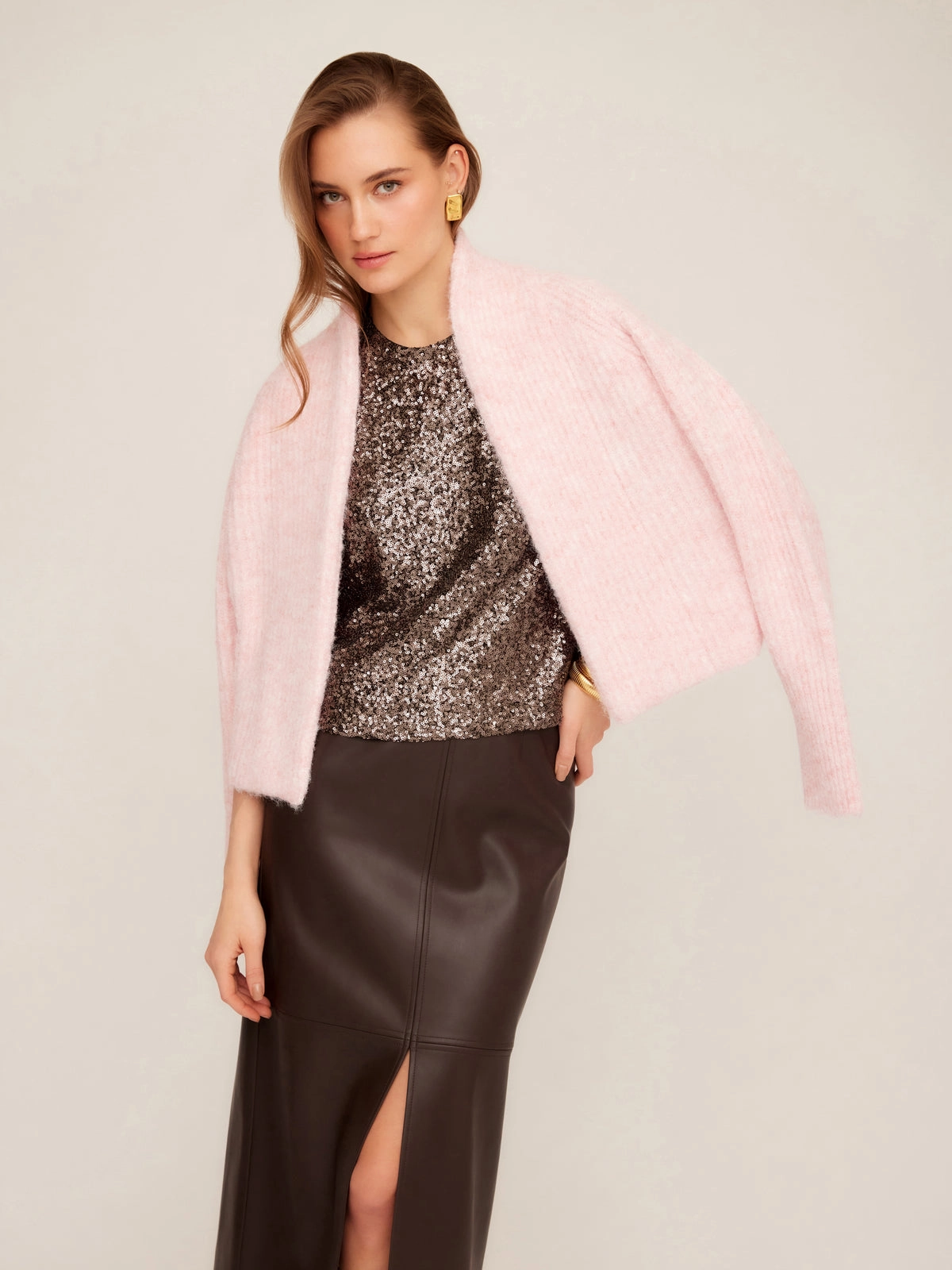 Bohemian style DropShoulderConstruction Stacey Sequin Top in Brown