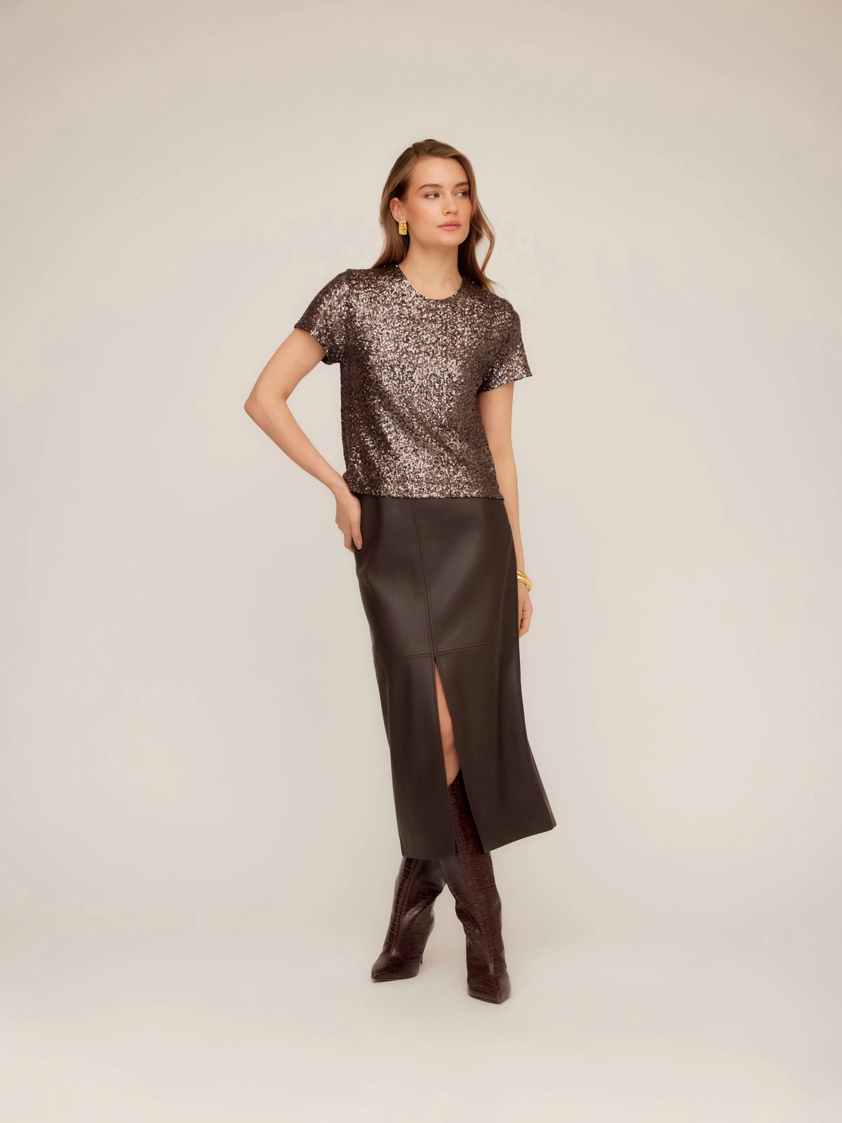 Stretch Fit Stacey Sequin Top in Brown