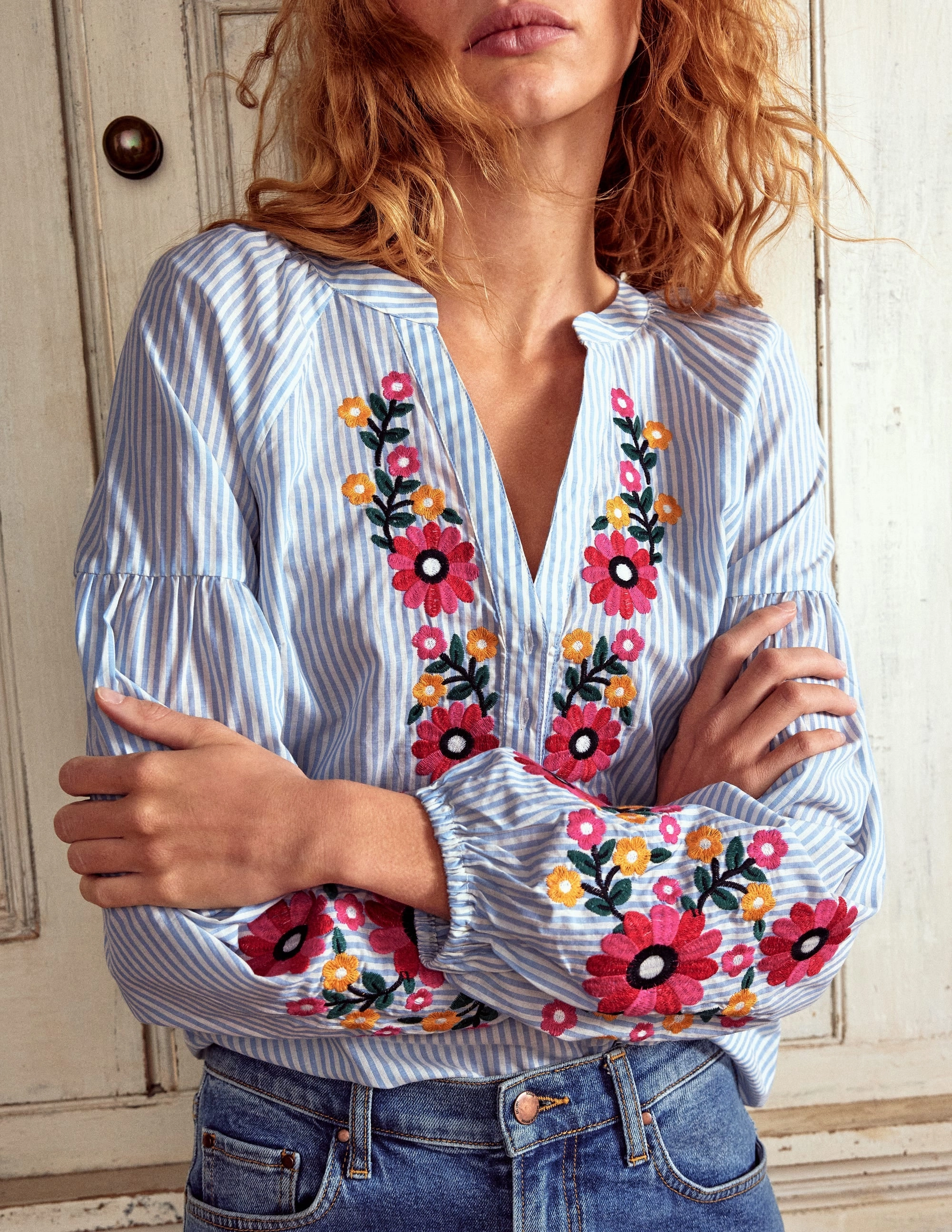 MinimalistStyle PaddedInsulation Raglan Embroidered Cotton Top-Ivory, Navy Stripe