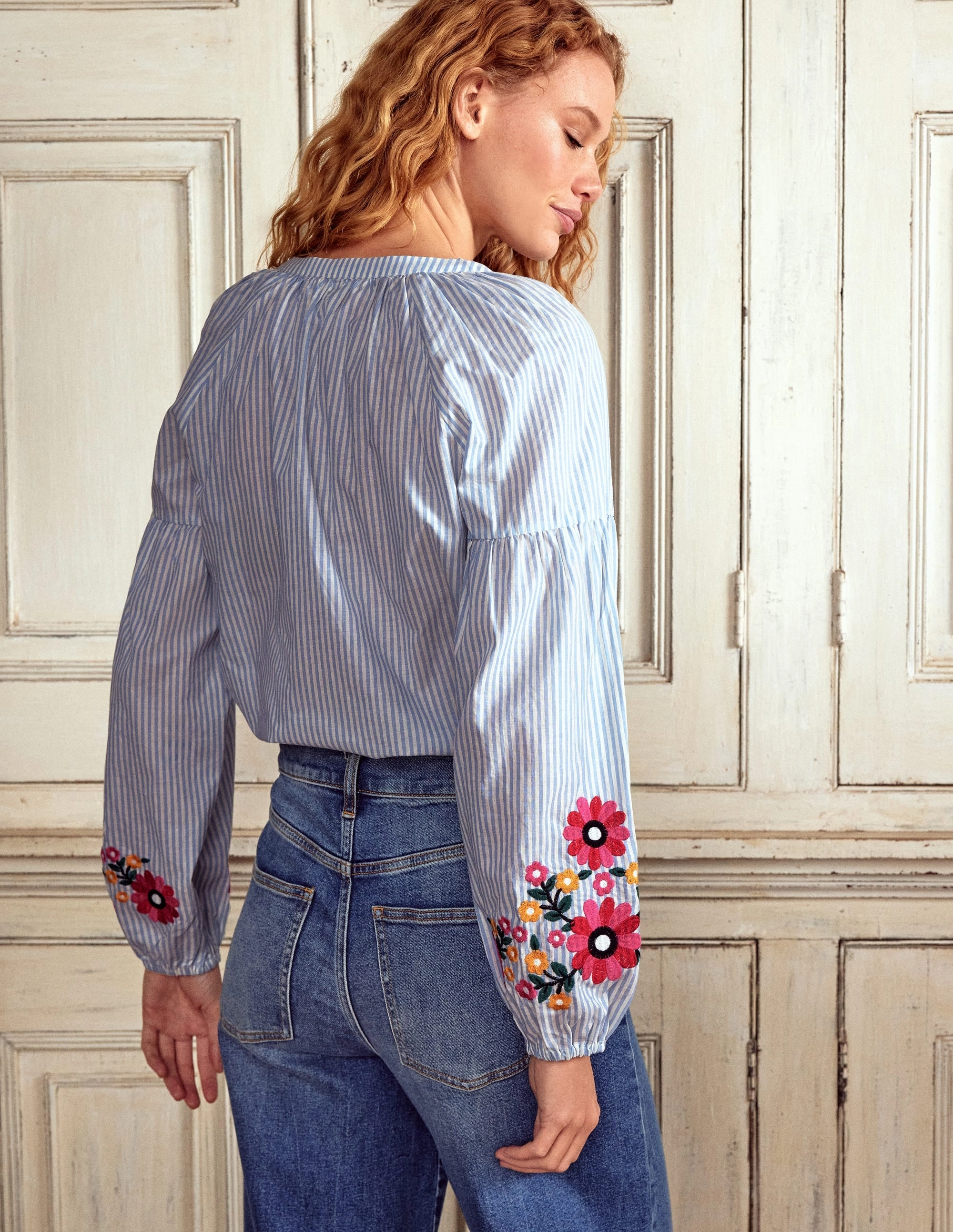 FourWay Stretch Raglan Embroidered Cotton Top-Ivory, Navy Stripe