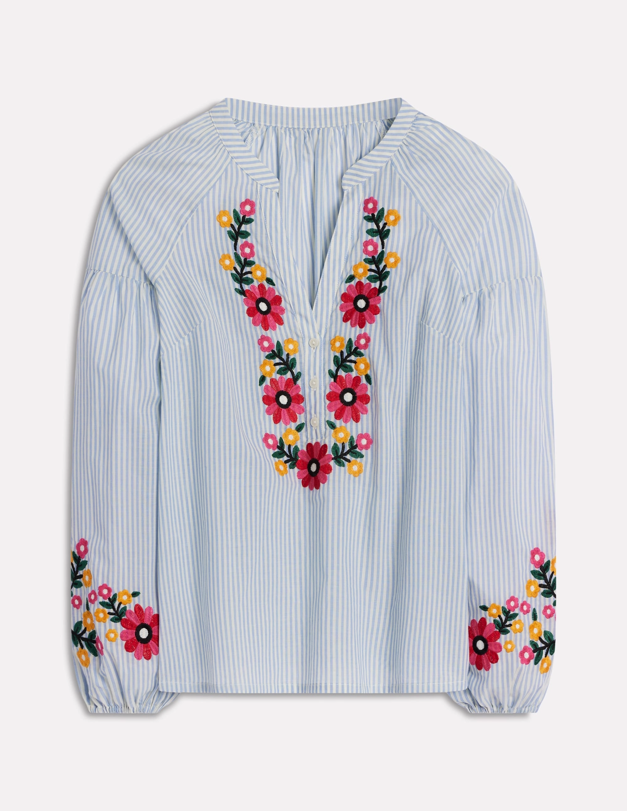 Raglan Embroidered Cotton Top-Ivory, Navy Stripe UltraFineMesh