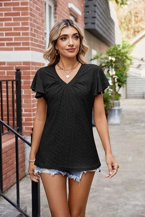 WRINKLED V NECK RUFFLED SLEEVES PUNCHING LACE TEE Durable Reinforced Elbow Patches