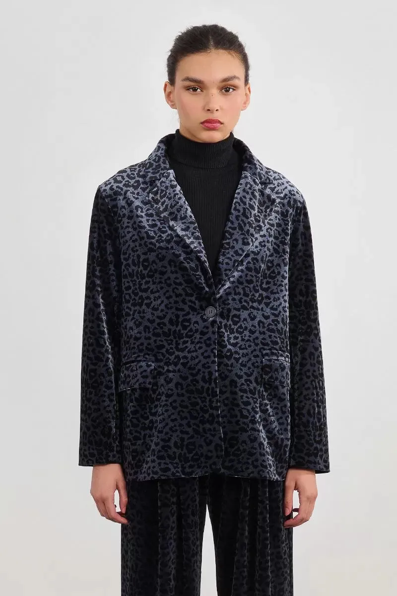 Button Down Collar Style Velvet Leopard Blazer in Dark Grey