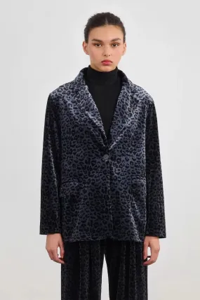 Button Down Collar Style Velvet Leopard Blazer in Dark Grey