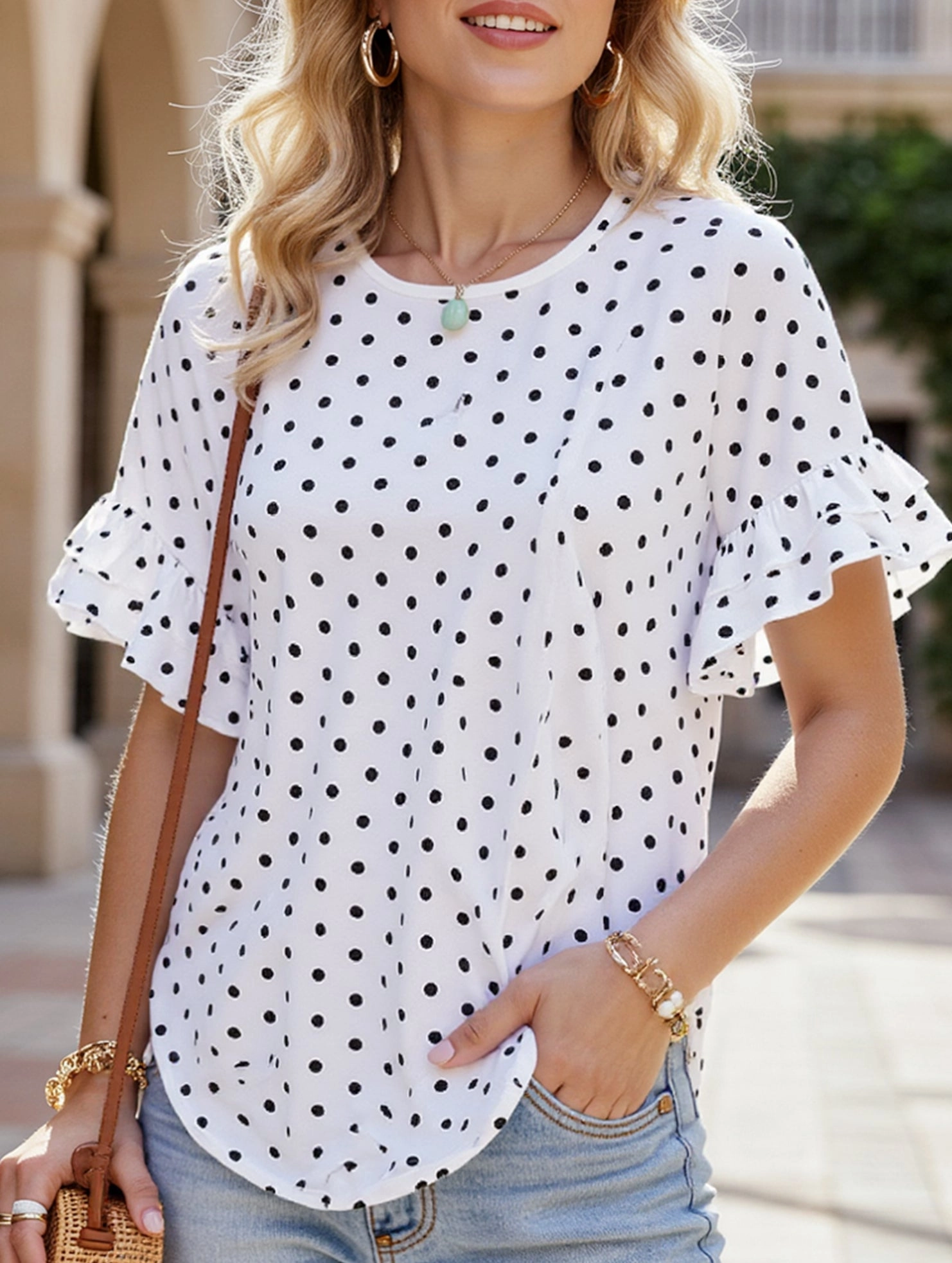 EcoFriendlyMaterial Abrasion Resistant Surface Polka Dot Batwing Sleeve Ruffle Loose Top ??Women's Lightweight Casual Blouse