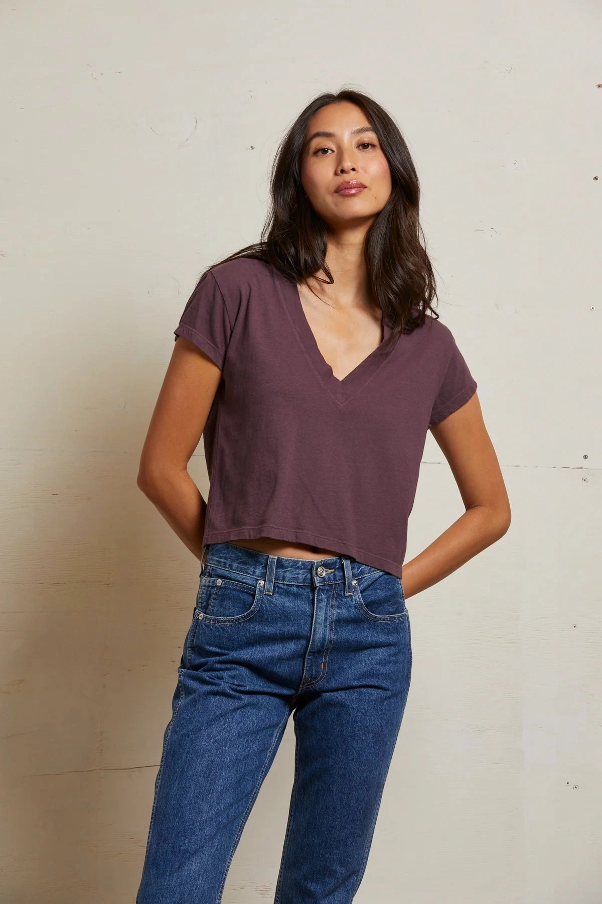 Alanis Recycled Cotton V-Neck Tee in Plum Multi Pocket Configuration Lightweight Weave Material