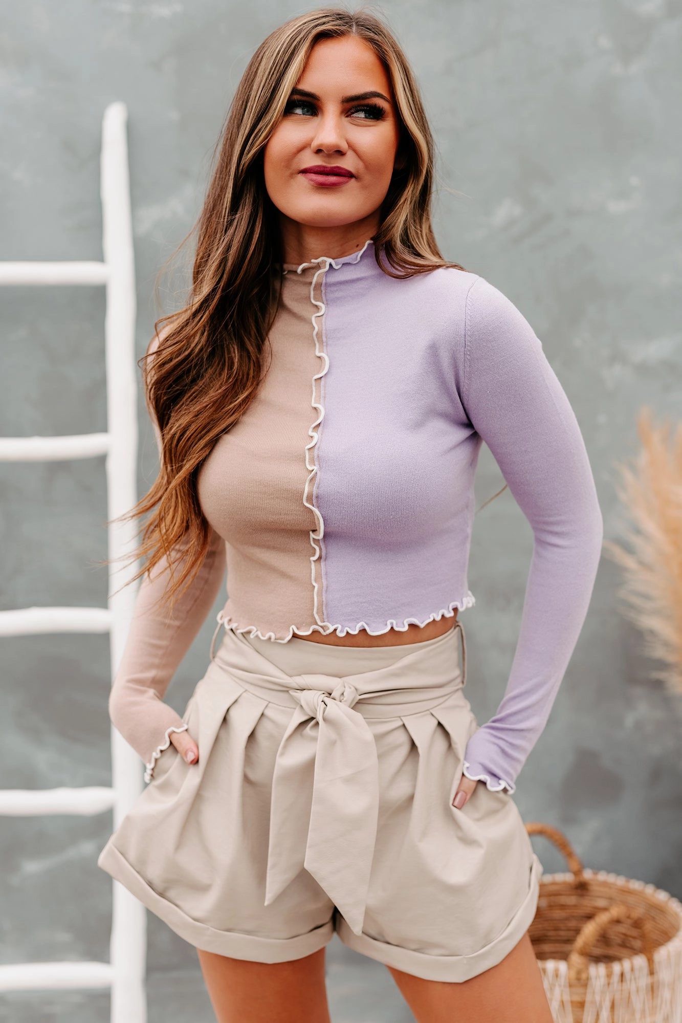 Don't Be Jelly Long Sleeve Color Block Crop Top (Tan/Grape) Unlined Design