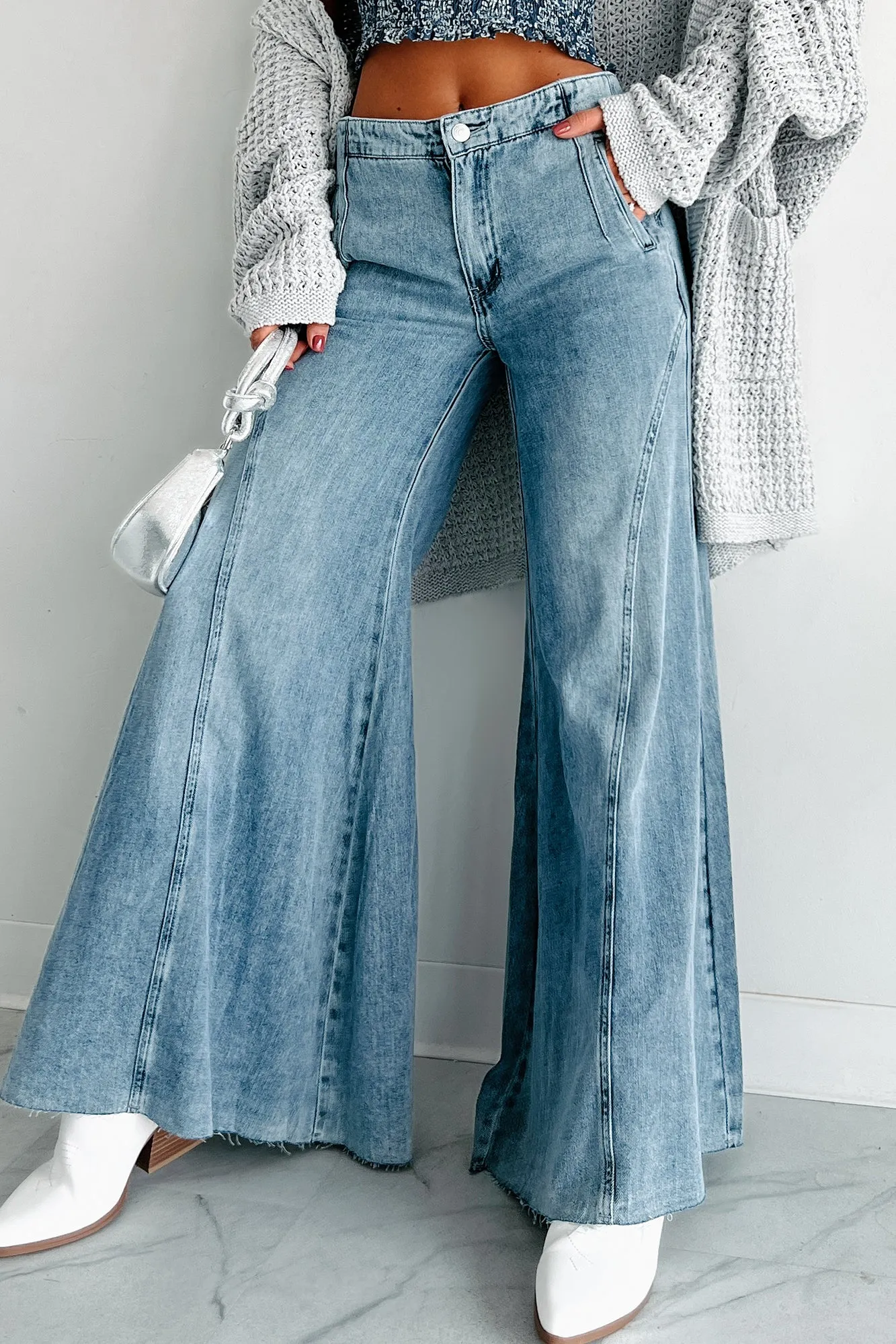 Modern Minimalist Rainy Day Yuma Mid Rise Wide Flare Jeans (Medium Denim)