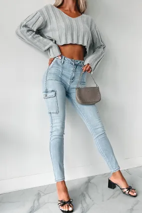 Winter Fashion Sanded Seam Comfort Yvette High Rise Cello Cargo Skinny Jeans (Light Denim)