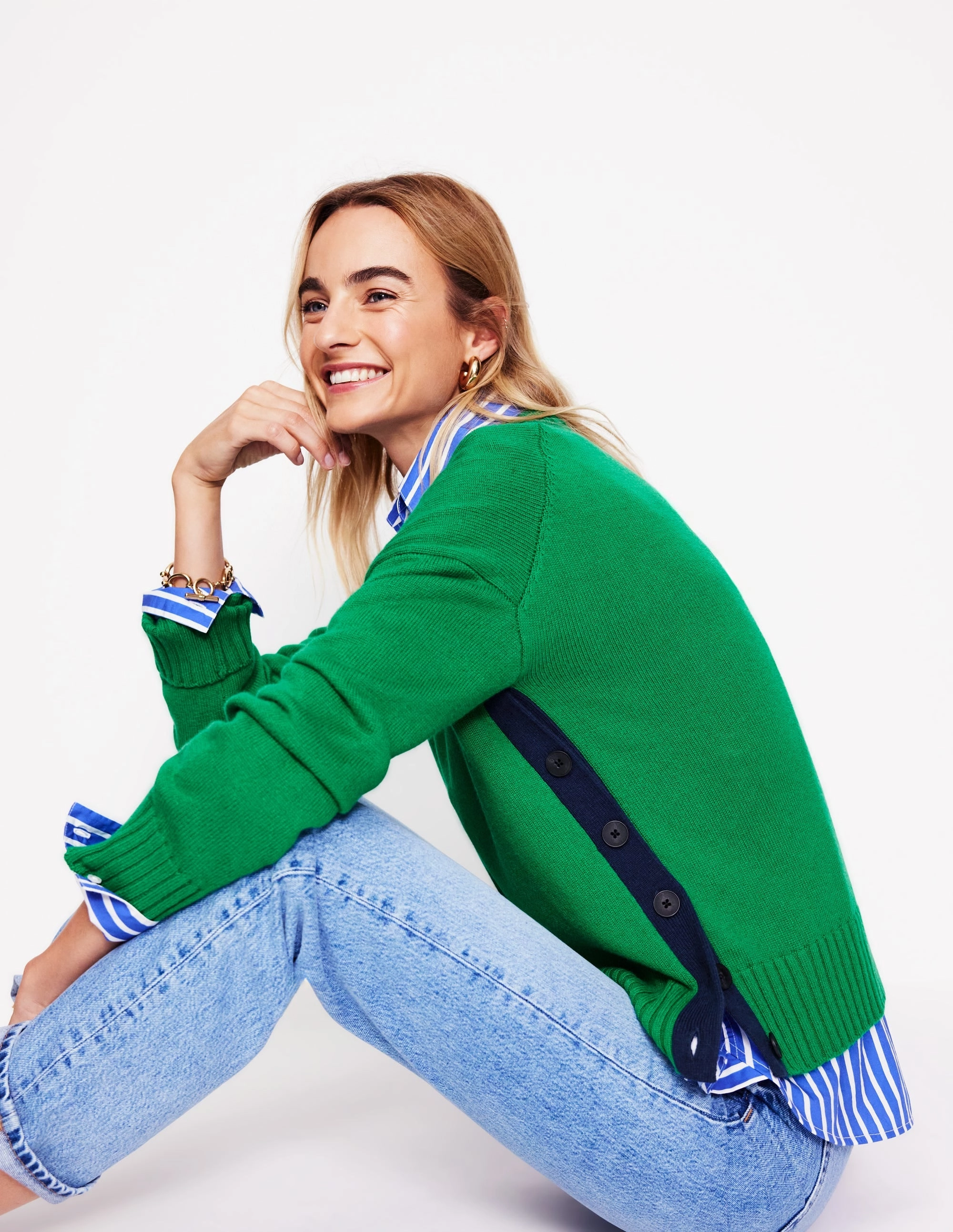 Mid layer Simple Aesthetic Zia Button Side Jumper-Rich Emerald Green