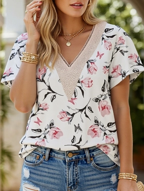 V-neck printed petal-sleeve loose pullover shirt AntiStatic Coating