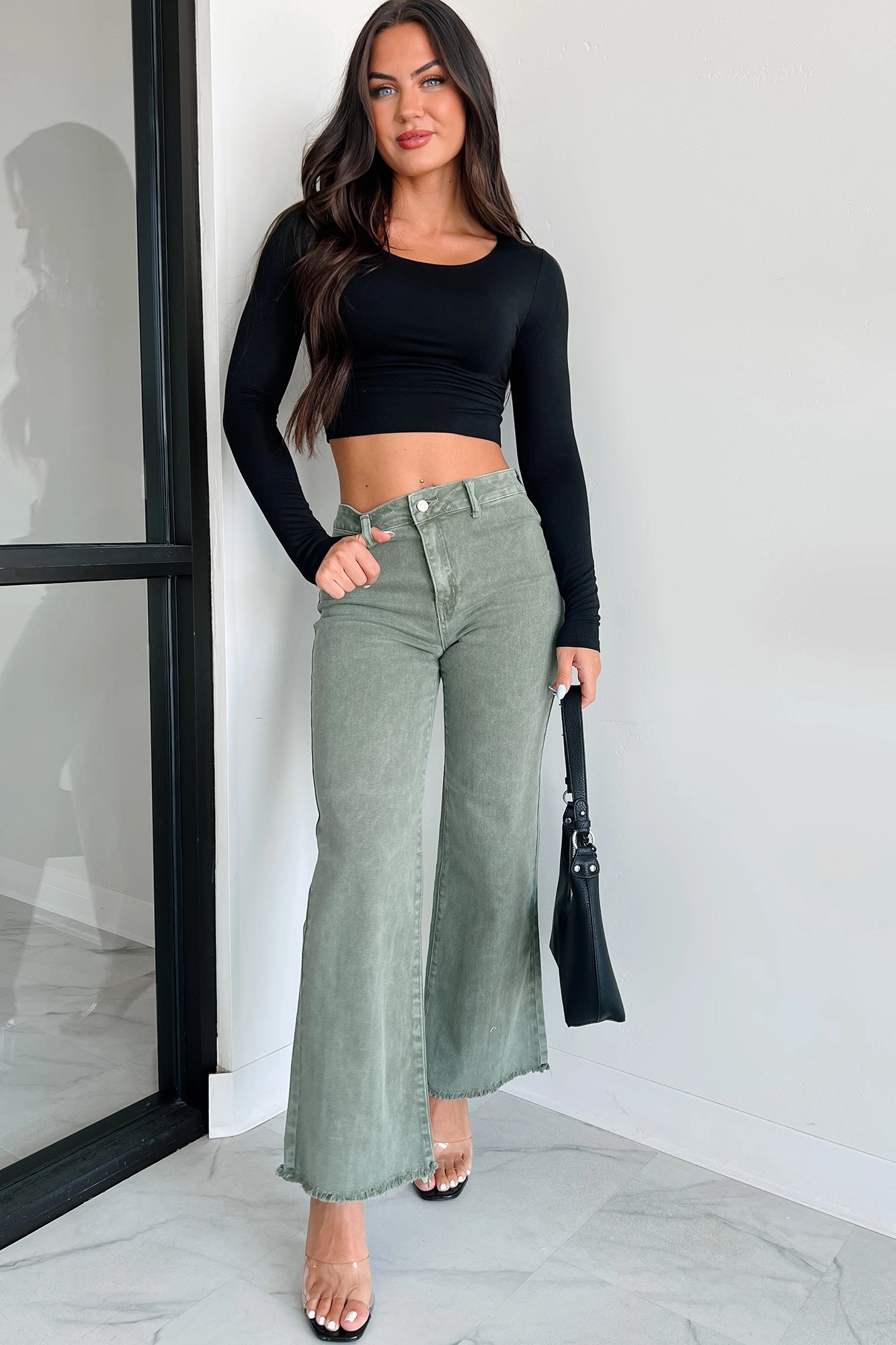 StretchKnit RibbedTrim Ziva Long Sleeve Zenana Crop Top (Black)